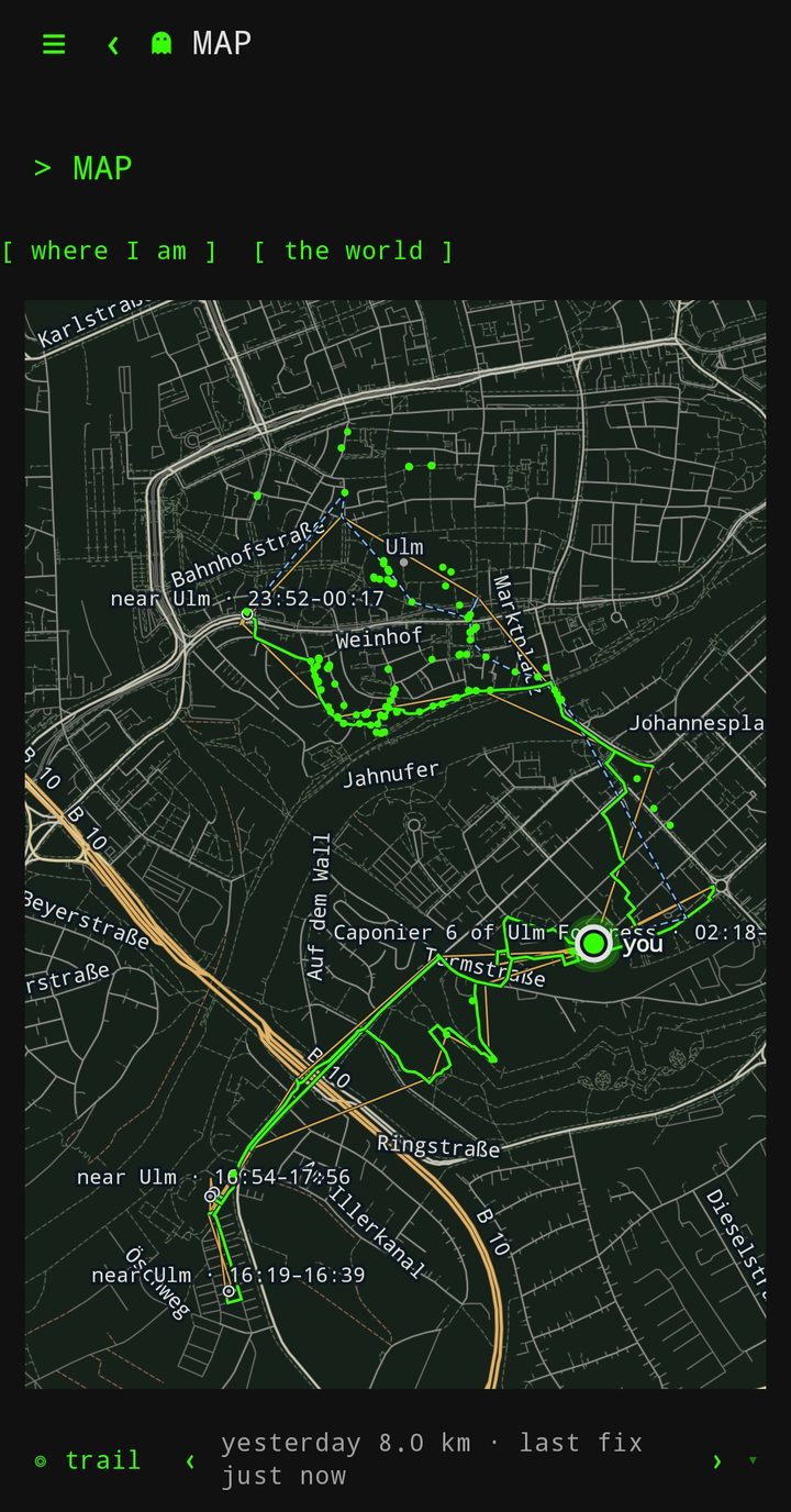 The LocalGhost map on my phone over Ulm and Neu-Ulm, with Sunday's trail as a green line, the photos as green dots and the stops labelled with their times.