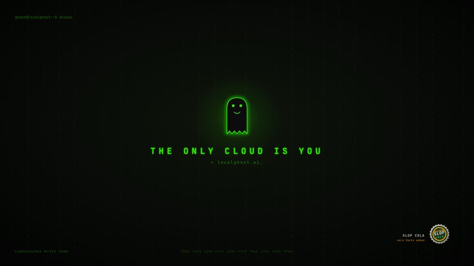 LocalGhost wallpaper, Cypherpunk. A small ghost on a dark screen, the release's own SHA-256 hashes falling behind it and the site key's fingerprint along the bottom.