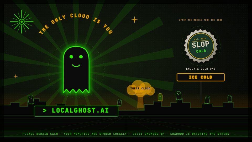 LocalGhost wallpaper, Cold One. The ghost, their cloud on the horizon, a few ghosts on the rooftops and a Slop Cola on ice.